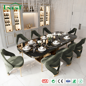 Luxury <strong>Marble</strong> <strong>Top</strong> Dining <strong>Table</strong> Sets Italian Design Metal Golden Restaurant High-end Project Furniture with 12 Chairs for Villa - Product Image 2