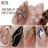 Kuku Palsu 3D Motif Kupu-kupu dan Bunga Buatan Tangan, Bentuk Almond Panjang, Desain Leopard Hitam Emas, Kuku Palsu Modis Grosir