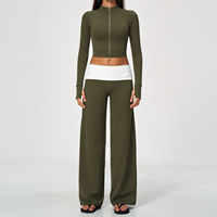 Veste courte zippée à manches longues pour femmes, pantalon évasé à taille pliante contrastée, ensemble deux pièces pour yoga et entraînement, 5 couleurs