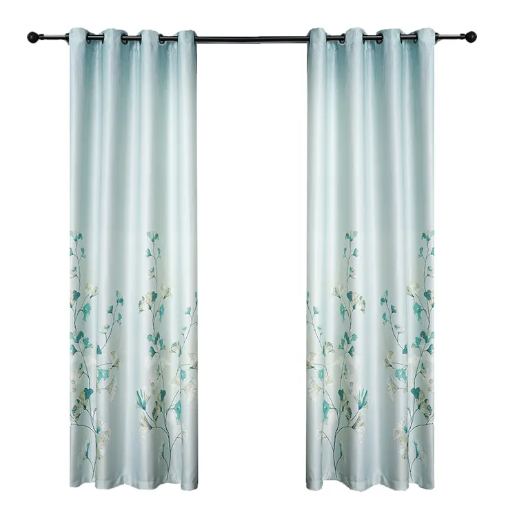 Green Flower Print 100% Polyester Window Curtains for Living Room