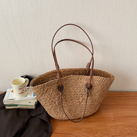 Grand sac fourre-tout en paille tressée grande capacité, sac à bandoulière d'été pour la plage avec poignée en cuir PU pour femme, sac de voyage et de vacances