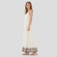 Robe longue fluide crème imprimée style ethnique pour femme, idéale pour l'été et les vacances