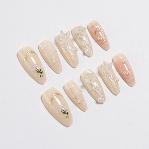 <span class=keywords><strong>Faux</strong></span> ongles papillon nude beige en ABS, peints à la main, motif floral, élégants pour le nail art - Product Image 2