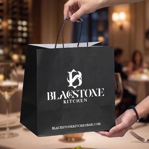 Sacs en papier kraft écologiques recyclables noirs avec logo personnalisé pour restaurants, nouilles, pâtes, steaks, avec poignée - Product Image 1