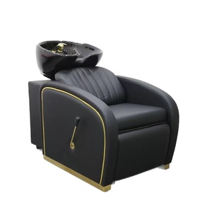 Fauteuil de lavage ergonomique inclinable personnalisable, chaise de barbier hydraulique de luxe en cuir PU noir et or, pour salon moderne - Product Image 6