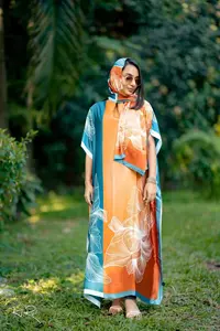 Manufacturer Ladies Fashion Silk Printed Dresses Gowns Luxury Designer Silk Robes With Scarf African Women Loose Silk Gowns