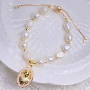 New Design Hot Selling Handmade Make Religious Virgin Marys White Color Zircons Pearl Stone Bracelet Bangle For Women Jewelry