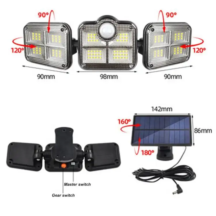 3 Heads Adjustable Motion Sensor Solar LED Security Garden Light Outdoor Remote Control IP65 Waterproof OEM 80 ABS 270 CE ROHS