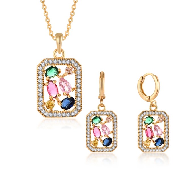 Wholesale Luxury Gold Plated Colorful Zircon Necklace and Earrings Set Square Geometry Pure Silver 925 Jewelry Set for Women's