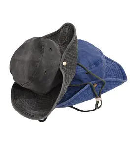 Bucket Hats with String Washed Denim Women Men Wide Brim UV Protection Boonie Sun Hat Outdoor Fishing Beach Unisex Jean Cap