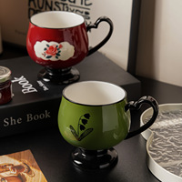 Tasse à café vintage en céramique avec pied, 300 ml, motif floral cœur, design pivoine rouge/lys vert, cadeau pour le thé de l'après-midi