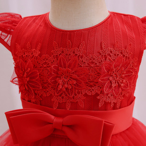 Baihui Girls' <b>Red</b> Embroidered Tulle Dress With <b>Bow</b> Short Sleeve Princess Style For Parties - Product Image 3