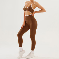 Ensemble de yoga sportif 2 pièces pour femme, col en V, dos nu, color-block, en Spandex/Nylon, séchage rapide, idéal pour la course et le fitness