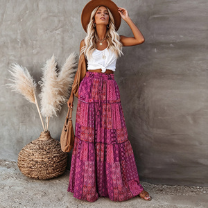 Women's Boho Maxi <b>Skirt</b> Tiered Ruffle Hem <b>Elastic</b> High <b>Waist</b> Patchwork Print Floor Length Summer <b>Skirt</b> - Product Image 6