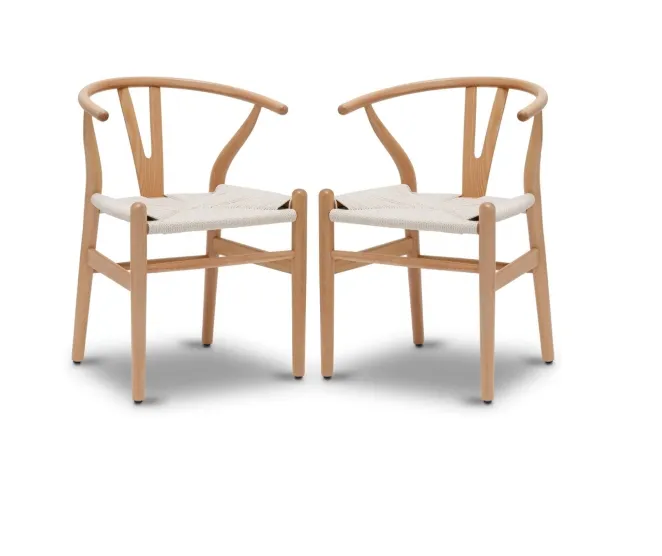 Poly and Bark Weave Modern Wooden Mid-Century Dining Chair Hemp Seat Natural Set of 2
