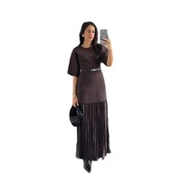 Robe de soirée décontractée à manches courtes, couleur Maillard, avec ourlet plissé et taille haute, idéale pour le printemps
