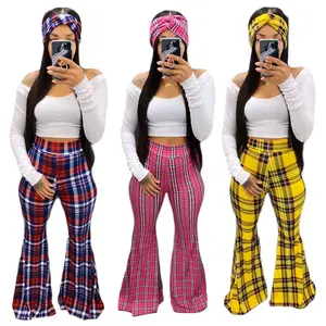 Neueste Design Classic Fashion Plaid Pants Mittlere Taille Frauen Flare Pants Stricken Damen hose