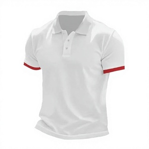 Polo de Manga Corta Blanco para Hombre con Ribete Rojo, Algodón, Casual, Transpirable, Corte Regular, Diseño Tejido de Color Sólido - Product Image 1
