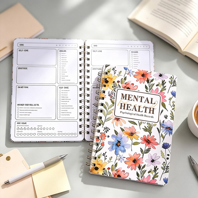 Custom A5 Self Care Planner Daily Hardcover Floral Mental Health Notebook Spiral Emotional Tracking Anxiety Relief Gratitude