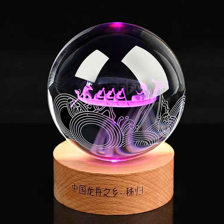 Boule de verre K9 en cristal transparent brillant avec base en bois Boule de cristal gravée au laser 3D avec support de base léger