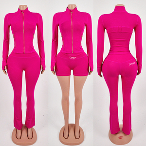 カスタムファッション女性用ヨガセットポケットデザイン長袖ゴールドジッパーアップハイウエストレギンスクイックトライフレアパンツ - Product Image 2