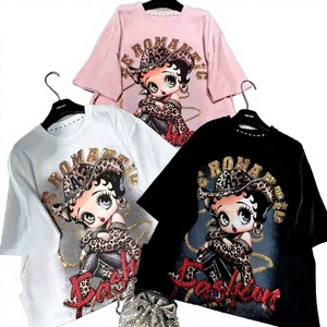 Camiseta Larga de Verano para Mujer, 100% Algodón, Transpirable, Corte Holgado, con Diamantes de Imitación y Diseño de Dibujos Animados, Estilo Casual y Moderno - Product Image 3