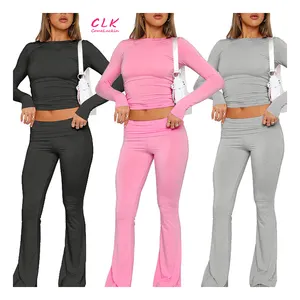 Custom Logo Fall Winter 2024 2 Pieces Set Women Clothes Casual Pink Clothes Long Sleeve Top And Low Waist Flare Pants Sets For W