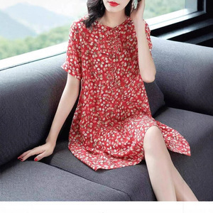 Red Floral Short Sleeve Dress Loose Waist O Neck Casual Daily Wear For Women Plus Size Summer Style - Product Image 2
