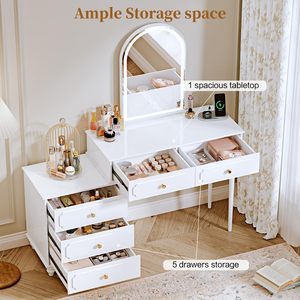 <span class=keywords><strong>Bureau</strong></span> de toilette <span class=keywords><strong>blanc</strong></span> avec miroir LED arqué, armoire latérale réglable, prise de courant intégrée, 5 tiroirs de rangement - Product Image 4
