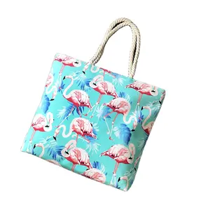 Zomer Canvas Strandtas Flamingo Vrouwen Draagtas Met Touwhandvat Op Maat Gemaakte Boodschappentassen