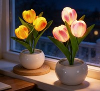 Lampu Malam Bunga Tulip LED Lampu Meja Pot Keramik Dapat Diisi Ulang USB 21CM Lampu Sekitar Mini Kamar Tidur Dekorasi Rumah Hadiah Ulang Tahun