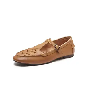 Genuine leather Mary Jane Women's Sandals Modern Retro Hand Woven Sandal Female Roman Fisherman Shoes flat Sandals custom