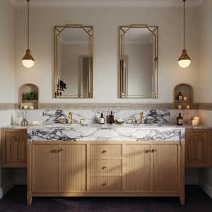 Meuble de salle de bain sur mesure en marbre blanc avec vasque, plan de toilette en pierre naturelle et meuble en bois de chêne - Product Image 6