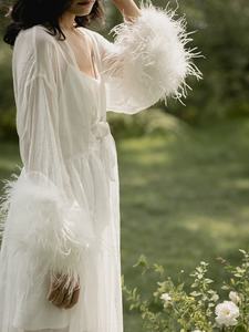 Vestido de novia de plumas de avestruz para mujer, conjunto de tul transparente, largo, Sexy, de satén, de crepé, elegante, con plumas - Product Image 2