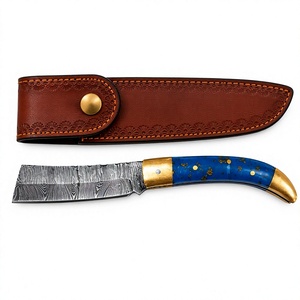 Welltrox Industries Damascus Steel Hunting <b>Knife</b> Blue Handle Leather Sheath Straight Edge Drop Point <b>Blade</b> 0.35mm Thickness 16cm - Product Image 1