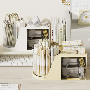 <b>Rotating</b> Pen Holder With Drawers Desktop Storage Box For Makeup Brushes And Cosmetics Organizer <b>Desk</b> Shelf - Product Image 4
