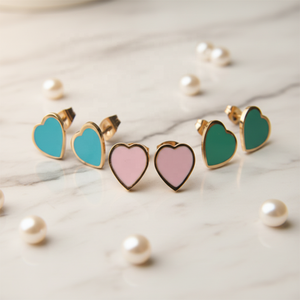 Modische Niedliche Rosa Herzförmige Schlichte Ohrstecker Gold Bunte Emaille Öltropfen Edelstahl-Schmuck für Kinder Frauen Mädchen - Product Image 1