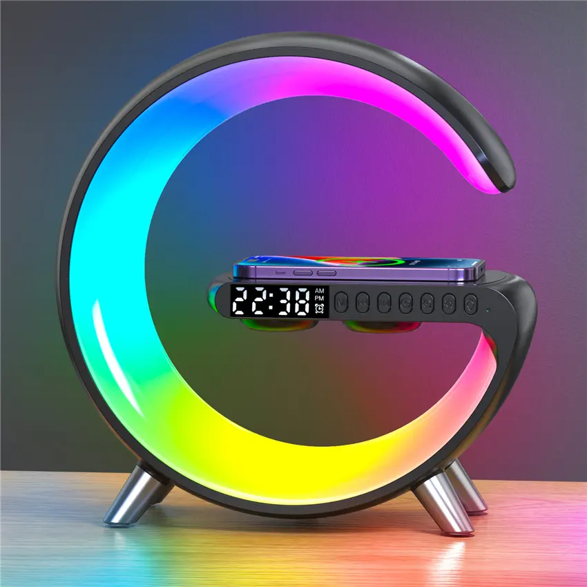 2023 new product Multifunction 15W Fast charging Qi Wireless charger Alarm clock Night light lamp Stand with BT Speaker