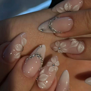 24 Uñas Postizas con Pegamento de Gel, Diseño de Flores y Mariposas, Uñas Francesas Largas Tipo Bailarina, Uñas Acrílicas de Cobertura Completa, Puntas de Uñas a Presión - Product Image 5