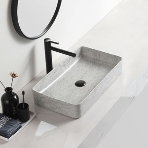 Lavabo de salle de bain rectangulaire gris marbré de haute qualité, moderne, en céramique, à poser sur comptoir, facile à nettoyer - Product Image 6
