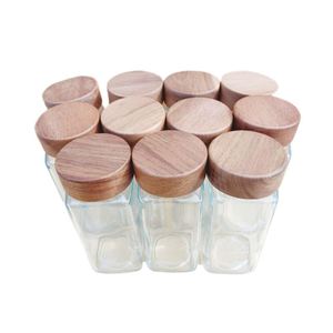 Frascos de vidrio de 4 oz para especias, recipientes para condimentos, saleros y pimenteros, botellas cuadradas vacías para especias con tapa de madera de acacia y etiquetas. - Product Image 1