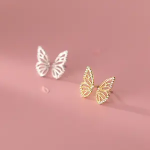 Perak Murni 925 Mode Serangga Kupu-kupu Mengkilap CZ Anting Kancing untuk Wanita Pesta Pernikahan Perhiasan Halus