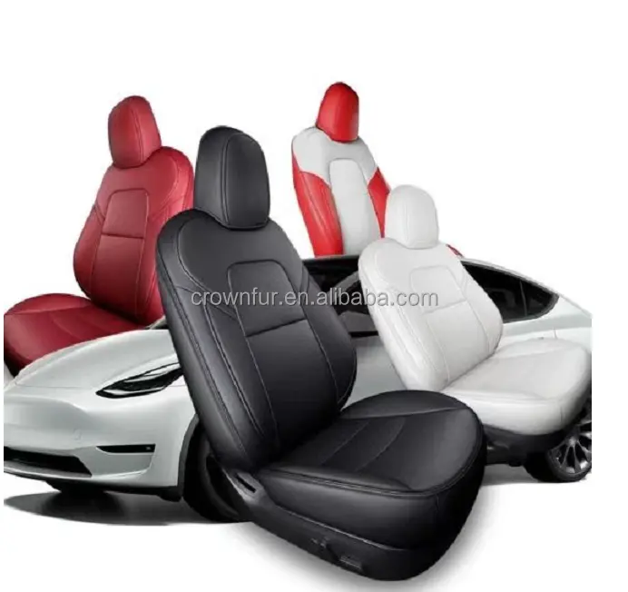 Model 3 Model Y Mewah Tahan Air Logo Kustom Merah Kulit Sintetis Kit Pelindung Kursi Mobil Sarung Jok Mobil untuk Tesla