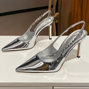 Women's Metallic Pointed Toe Stiletto Heels Chain Decor Slingback Pumps Fashion Party Dress Shoes - Product Image 1