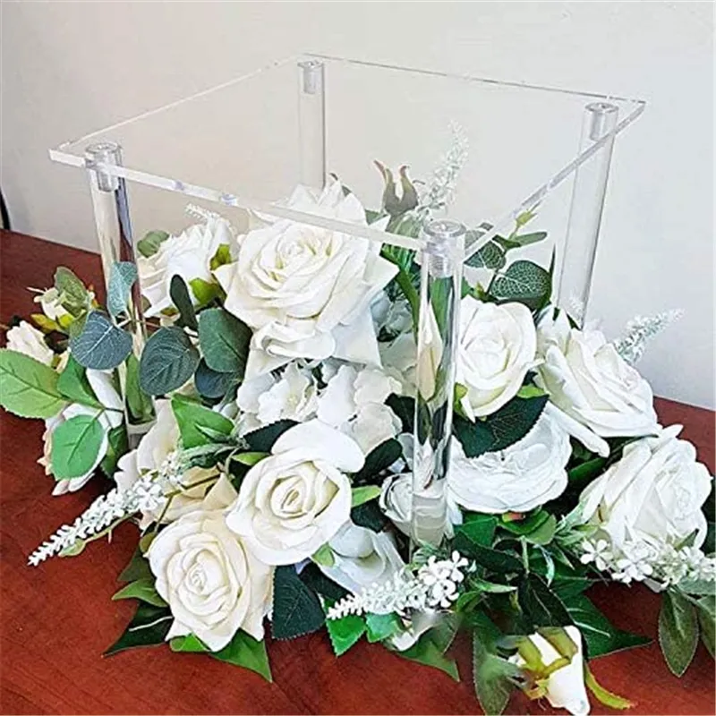Decoración de escritorio transparente personalizada, accesorios cuadrados, florero de suelo acrílico, soporte de flores, florero central para boda