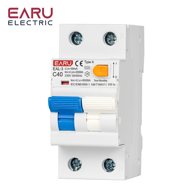 RCBO RCCB TypeA Electromagnetic Residual Current Circuit Breaker Curve B C MCB AC 220V 40A 50 60Hz 30mA Leakage Protection EAL-3