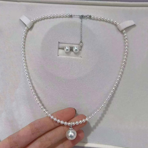 Juego de Joyería de Plata de Ley S925 con Perlas de Agua Dulce, Cadena de Perlas Mini Casi Redondas de 3-4 mm, Aretes de Perlas de 7-8 mm, Colgante de 11-12 mm - Product Image 2