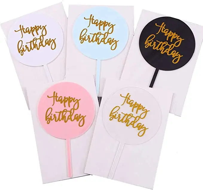 Basic Happy Birthday Cake Topper Gilding Acrylic Round Cake Decoration Party Supplies White Black Pink Blue Clear