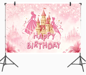 Toile de fond Joyeux <span class=keywords><strong>Anniversaire</strong></span> Château de Princesse, Fond Photo Princesse Rose Pailleté pour Décoration de Fête de 1er <span class=keywords><strong>Anniversaire</strong></span> de Filles et Baby Shower - Product Image 1