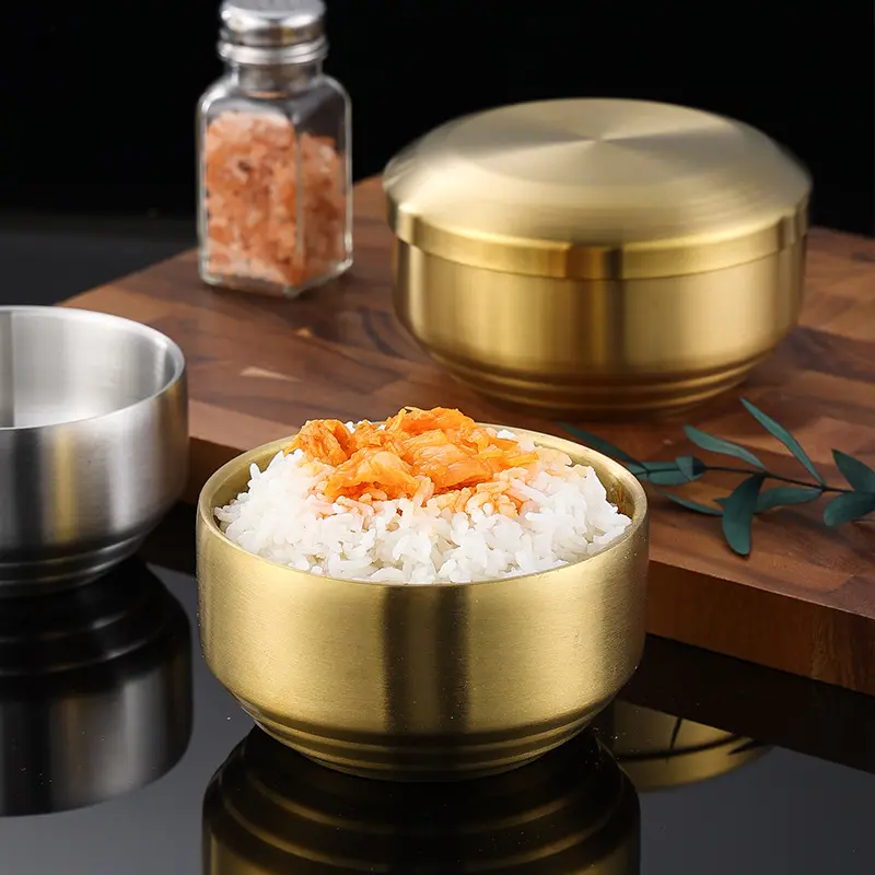 Bol à riz à mélanger portable en acier inoxydable 304 à double paroi isolé coréen en or et argent avec couvercles